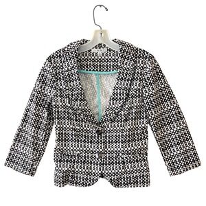 CAbi Blazer Size 2 Black White Geometric Circle Print Cropped Ruffle Hem Jack